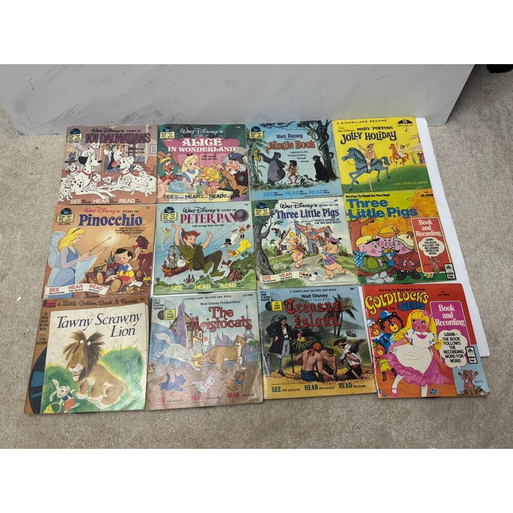 Vintage Disney Read Along Book & Record Lot 12+ 7” Vinyl 45 RPM Peter Pan Dumbo